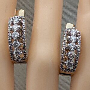 Russian Russia Solid 14K Yellow White Gold Diamond Cluster Pierced Earrings